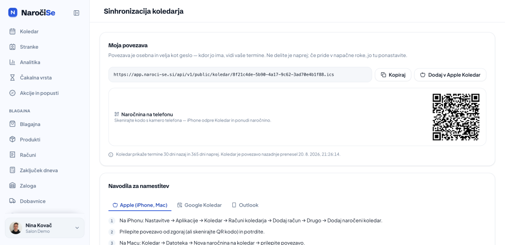 Osebna povezava za sinhronizacijo koledarja