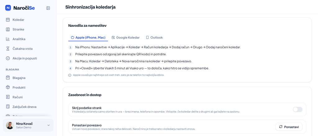 Navodila za namestitev v Apple, Google in Outlook